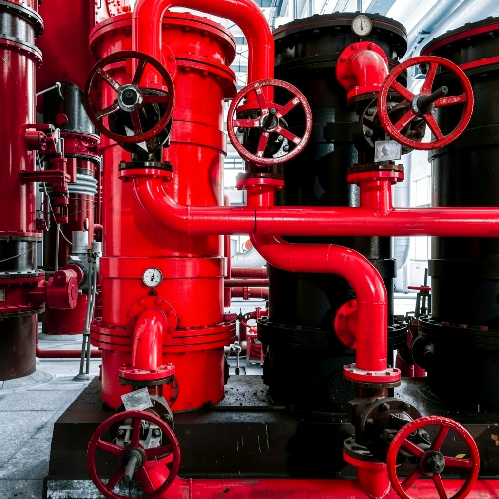 Red industrial pipes and valves
